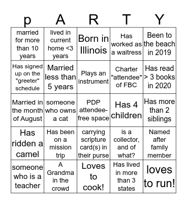 PROGRESSIVE DINNER PARTY Bingo Card