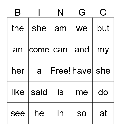 K Sight Word Bingo Card