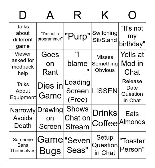 Darkosto's Stream Bingo Card