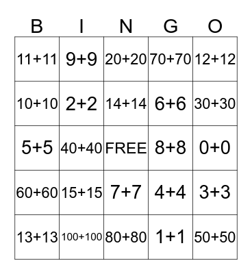 Doubles Addition Bingo Card