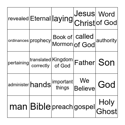Article of Faith Bingo Card