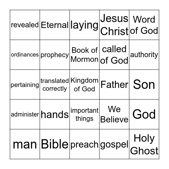 Article of Faith Bingo Card