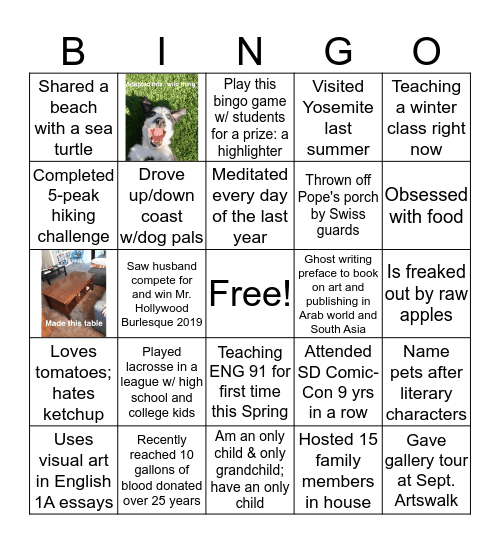 English and Media Studies Faculty Bingo Card