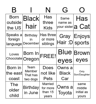 "Know your Team member" Bingo Card