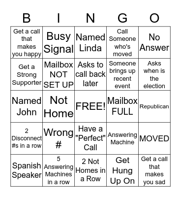 Phone Banking Bingo Card