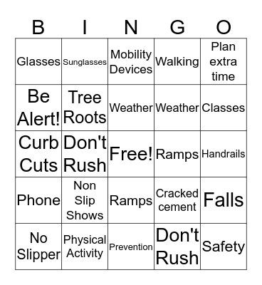 Fall Prevention When Walking  Bingo Card