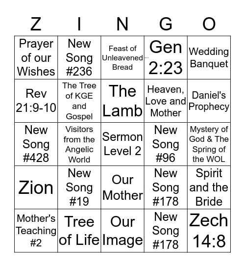ZINGO! Bingo Card