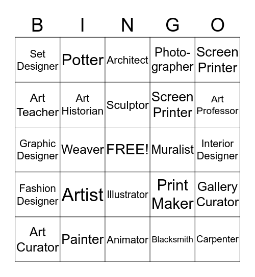 Art Careers Bingo Card