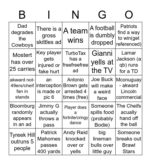 SUPER BOWL BINGO Card