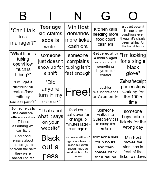 Cashiers Bingo Card