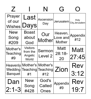 ZINGO! Bingo Card