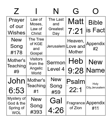 ZINGO! Bingo Card