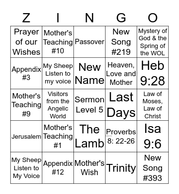 ZINGO! Bingo Card