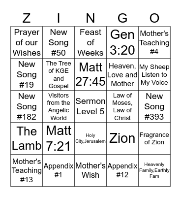 ZINGO! Bingo Card