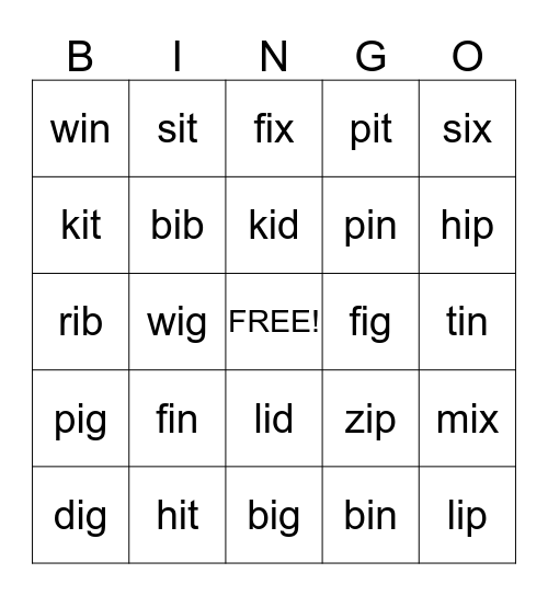 Short i Bingo Card