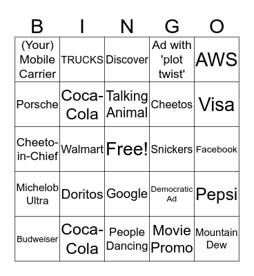 Super Bowl Commercials  Bingo Card