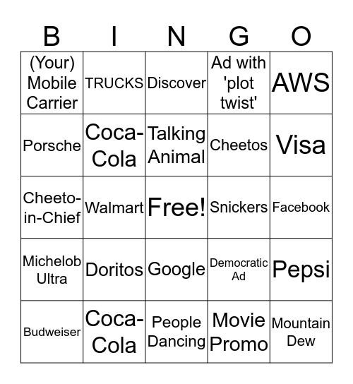 Super Bowl Commercials  Bingo Card