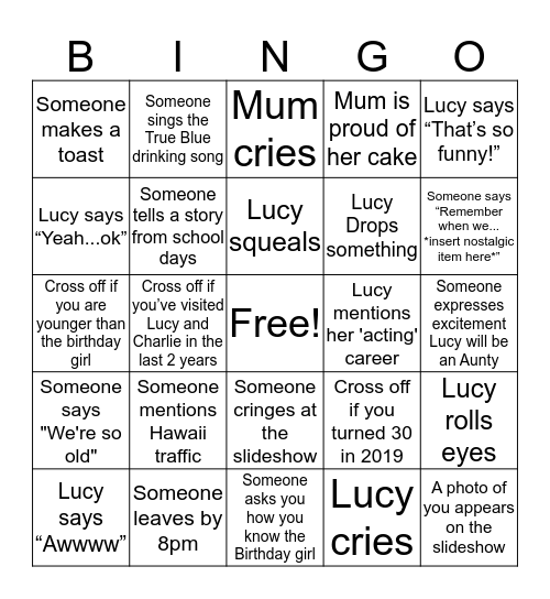 Lucy's 30th Bingo Spectactular! Bingo Card