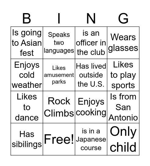 Japanese Club Bingo Card