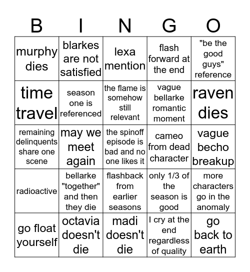 The 100 Final Season BINGO Card