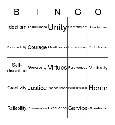 The Gifts of Character Bingo Card