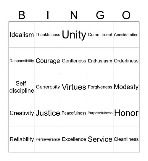 The Gifts of Character Bingo Card