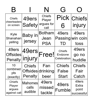 Super Bowl BINGO! Bingo Card