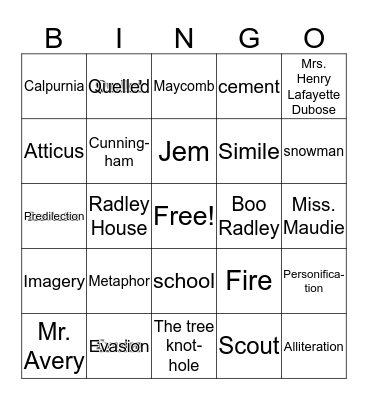 To Kill a Mockingbird Chapter 7-8 Bingo Card