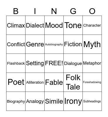 Vocabulary Bingo Card