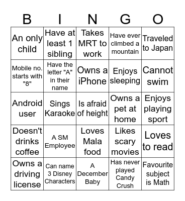 Find a Friend BINGO Card