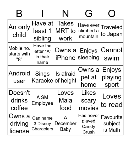 Find a Friend BINGO Card