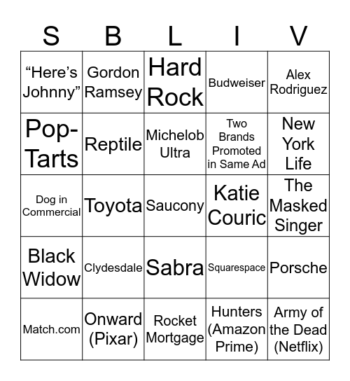 Big Game Ad Bingo Card