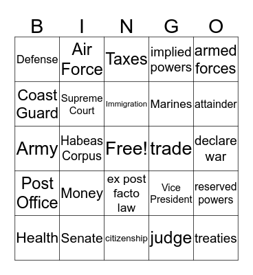 Constitution Bingo Card