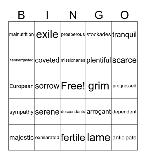 Vocabulary Bingo Card