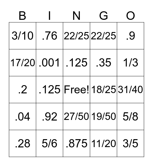 Decimal to Fraction Bingo Card