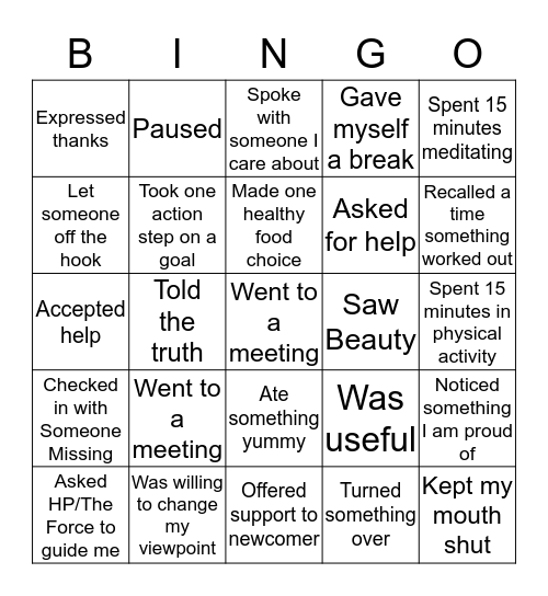 BUILD A SOBER DAY Bingo Card