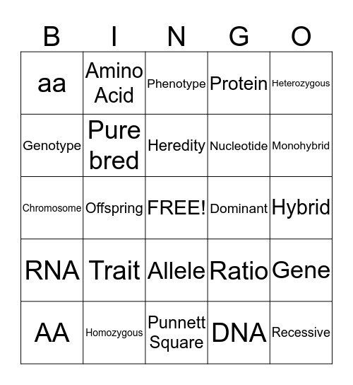 Genetics Vocabulary  Bingo Card