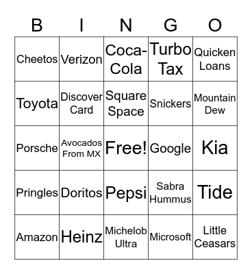 Superbowl 2020 Commercials Bingo Card