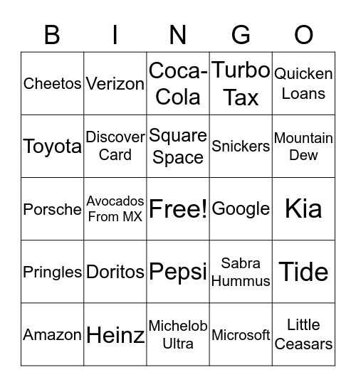 Superbowl 2020 Commercials Bingo Card