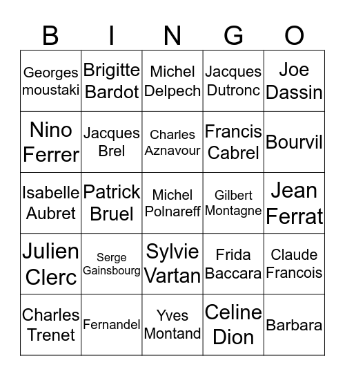 Chanteurs et chanteuses Francais Bingo Card