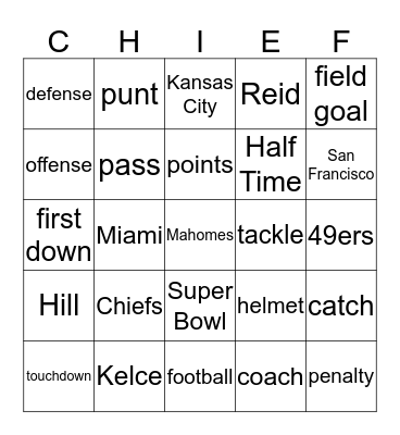 Chiefsingo Bingo Card