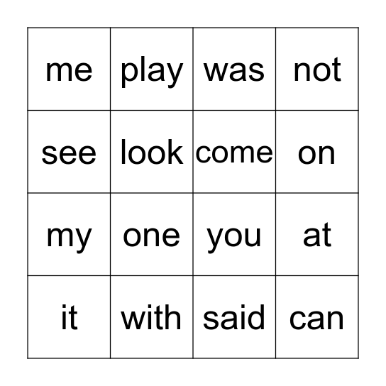 Sight Word Bingo Card