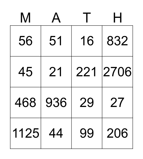 FINAL MATH BINGO Card