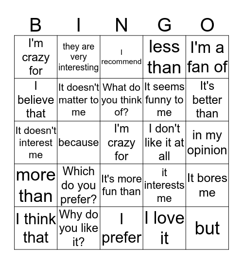 Giving and asking opinions Bingo Card