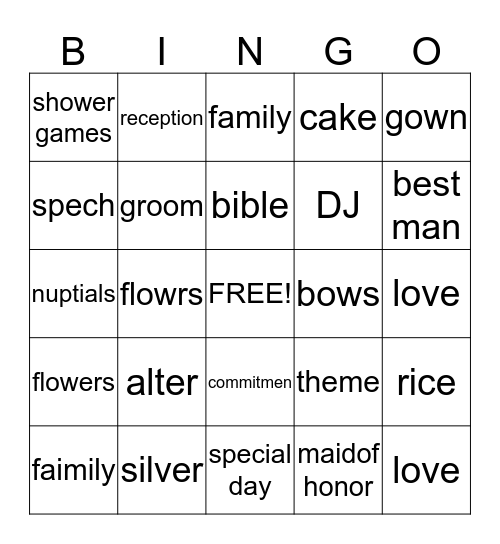 bridal bingo Card