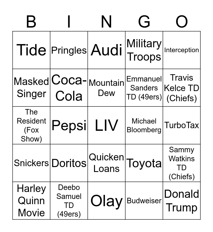 Super Bowl Bingo LIV Bingo Card