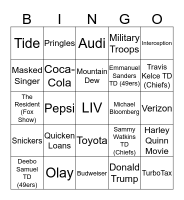 Super Bowl Bingo LIV Bingo Card