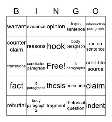 Argumentative Writing /Standard W1 Bingo Card