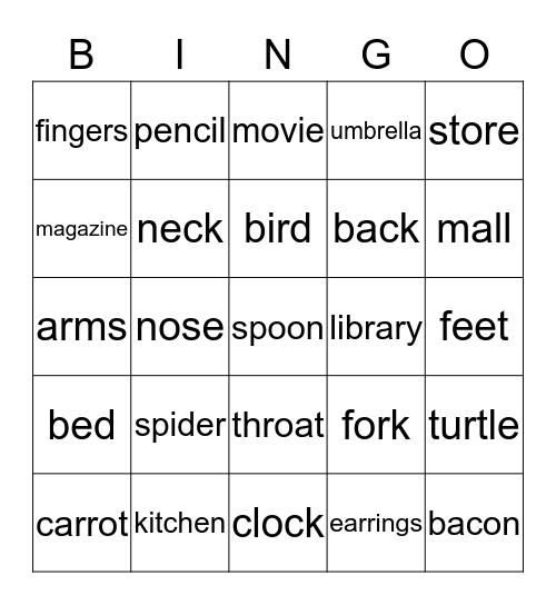 Vocabulary (misc.) Bingo Card