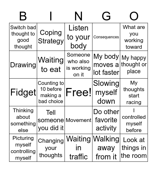 Impulse Control Bingo Card